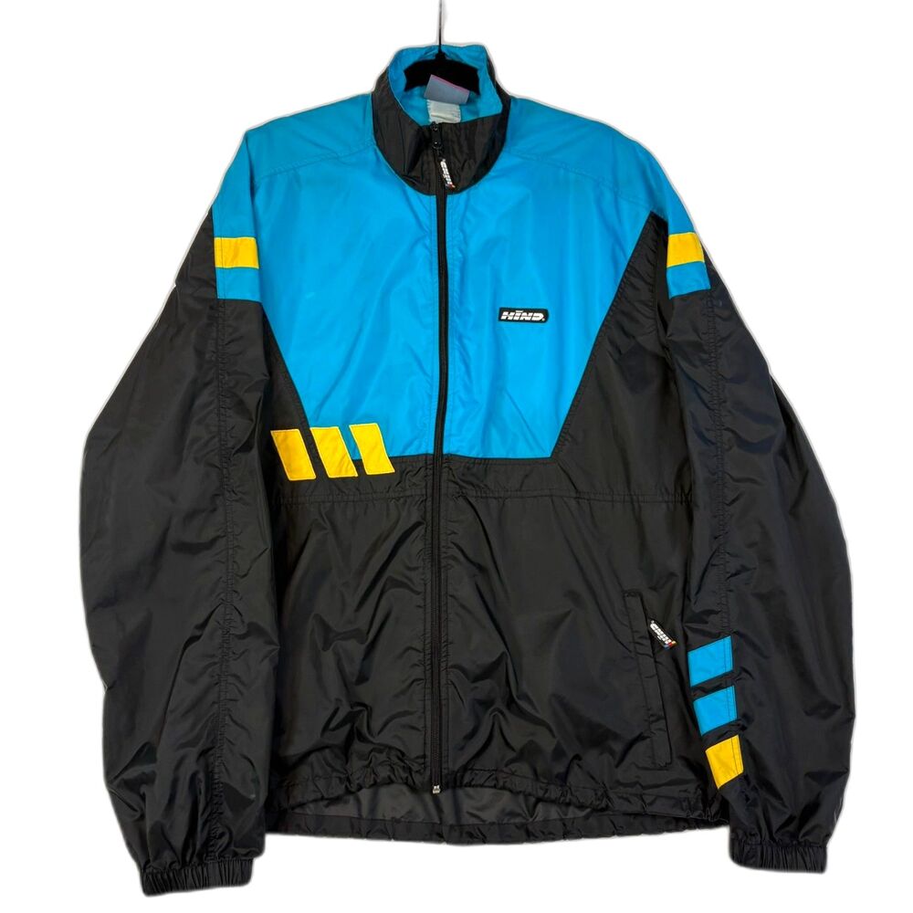 VTG 90s HIND Windbreaker Jacket Men Size Large Color Block Blue/Black/Yellow